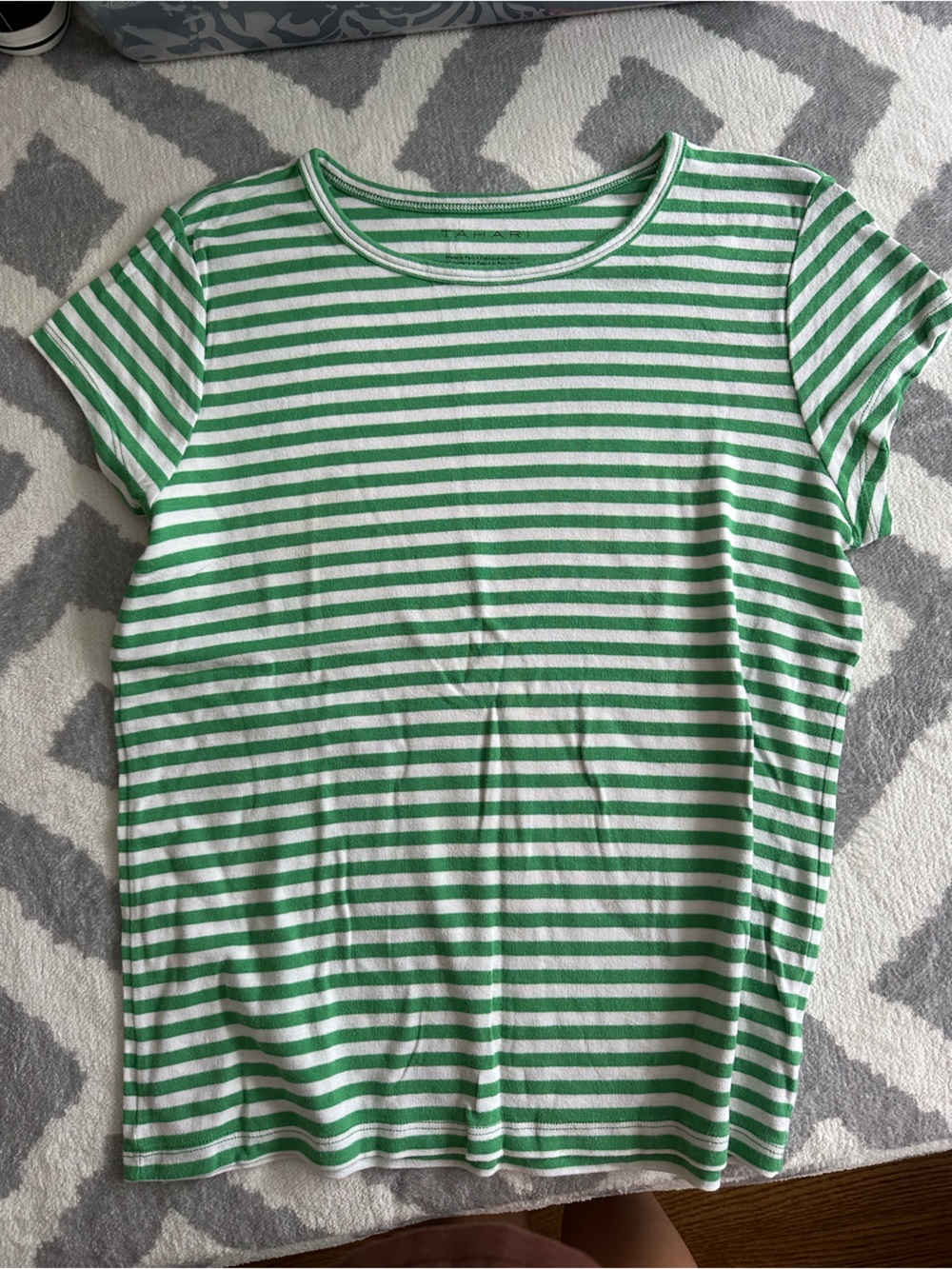 Tahari Green and White Striped Short Sleeve Tee